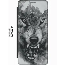 Чехол-книжка Волк в горах на Huawei nova 11 / Хуавей нова 11 черный серый