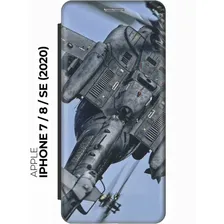 Чехол-книжка на Apple iPhone SE (2022) / SE (2020) / 8 / 7 / Эпл Айфон СЕ 2022 / СЕ 2020 / 8 / 7 с рисунком "Боевой вертолет" черный черный, голубой